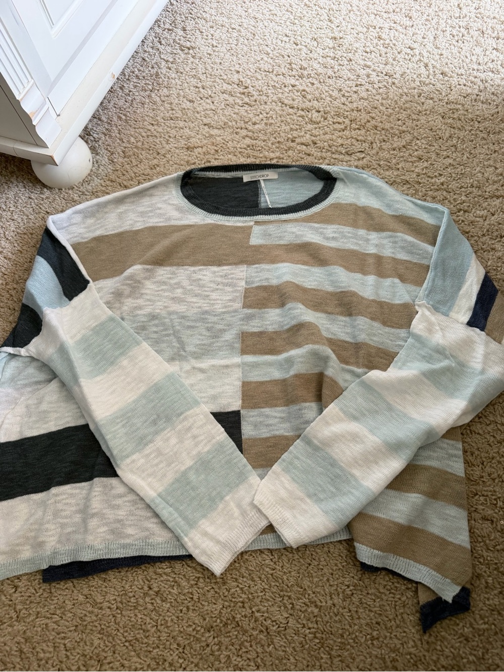 Striped Lightweight Knit Sweater in Mint, Beige & White